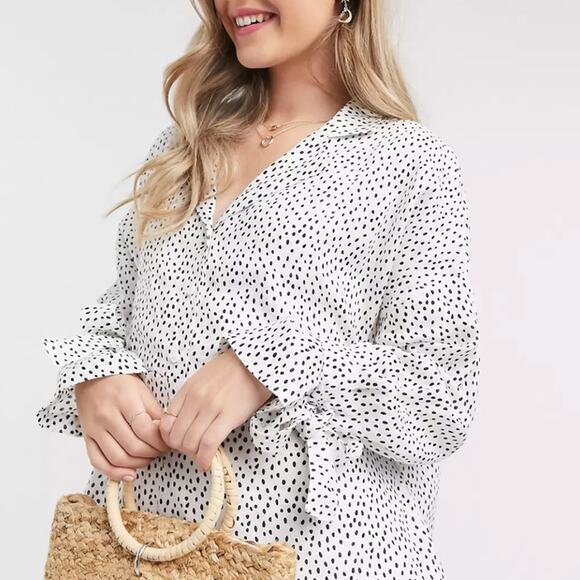 Zulu & Zephyr Beach Linen Long Sleeve Dotted Tunic Romper White Black Women's 10 - Picture 2 of 11